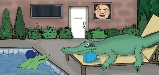 Big Croc on a sun lounger and Little Croc in Mr. Harper’s pool, while Mr. Harper stares from the window