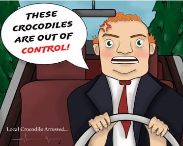 Mr. Harper shouting in his Cadillac that the crocodiles are out of control