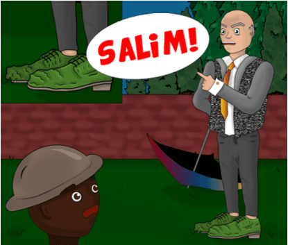 Mr. Grimmage in a grey suit and ketchup-mustard tie, scolding Salim